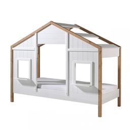 Lit cabane 90x200 sommier inclus 1 fenêtres Babs - Blanc et bois