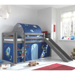 Lit Enfant Surélevé Avec Toboggan Pino 90x200cm Gris + Rideau