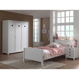 Lit 90x200 - Chevet 3 tiroirs et Armoire 3 portes Amori - Blanc