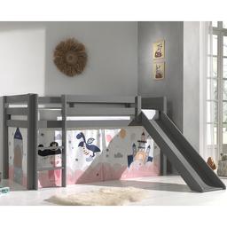 PINO Lit mezzanine avec toboggan pin massif Gris + Rideau pour