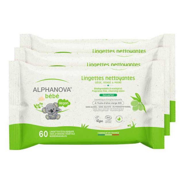 Lingettes nettoyantes sans parfum 3x60 Alphanova ECOCERT