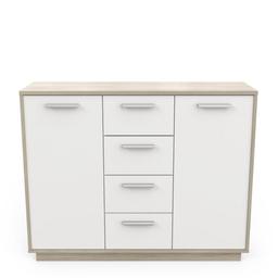 Buffet 2 portes 4 tiroirs, décor bois et blanc L113 cm - Léo