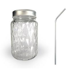 Bocal Mason Jar avec couvercle 37,5 cl diamant + 4 pailles en