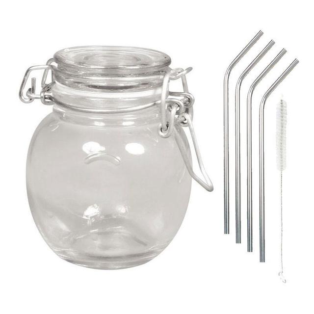 Bocal verre avec couvercle + 4 pailles en inox