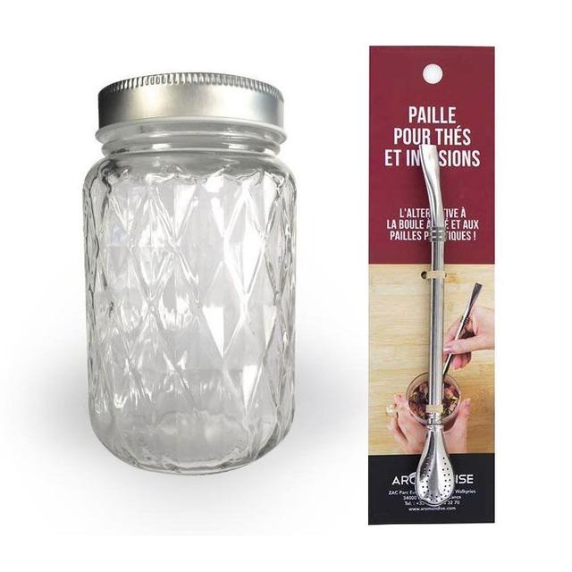 Bocal Mason Jar avec couvercle 37,5 cl diamant + paille inox