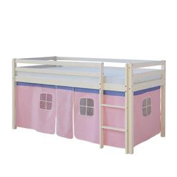 Lit Simple Blanc 90x200 en hauteur avec echelle et rideau rose