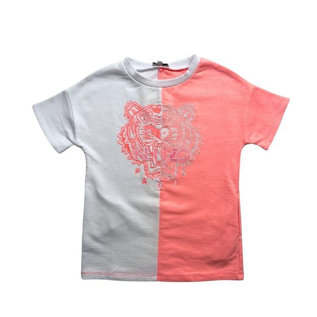 KENZO, Robe / t-shirt blanc et rose à motif tête de tigre brodé,