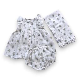 PETIT BATEAU, Ensemble robe blanche à fleurs vertes avec bloomer