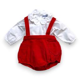 JACADI, Ensemble salopette rouge avec blouse blanche, 6 mois