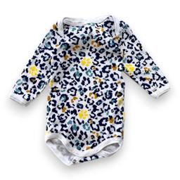 PETIT BATEAU, Body blanc imprimé léopard bleu et jaune à manches