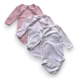 PETIT BATEAU, Lot de 3 bodies roses et blancs à manches longues,