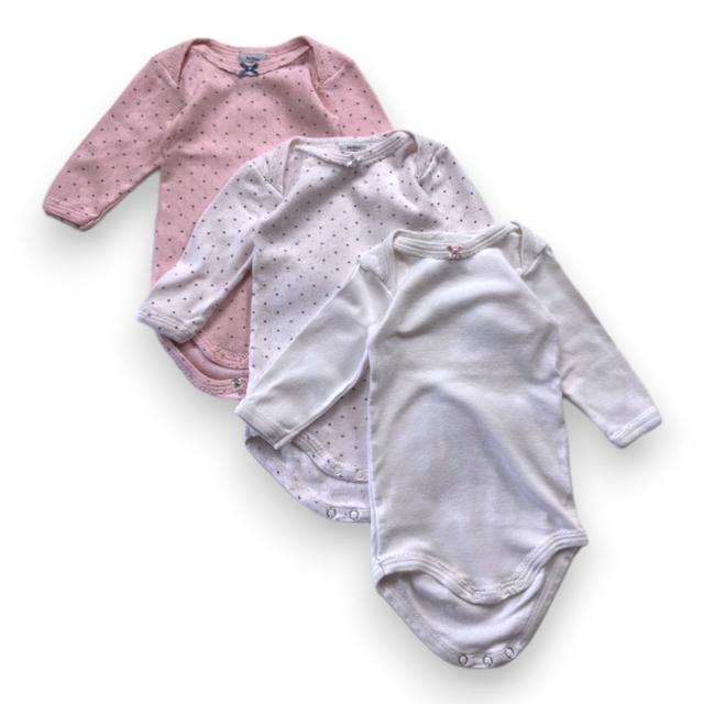 PETIT BATEAU, Lot de 3 bodies roses et blancs à manches longues,