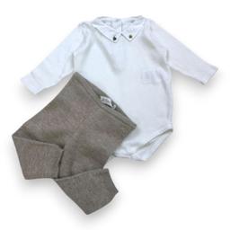 BONPOINT, Ensemble body blanc et legging en laine marron, 6 mois