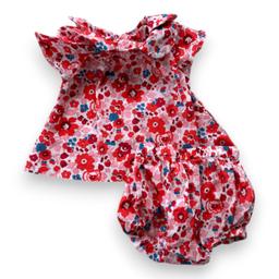 JACADI, Ensemble blouse et bloomer blanc à fleurs rouges, 1 mois