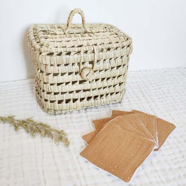 Vanity et lingettes lavables en coton camel pois dorés et bambou