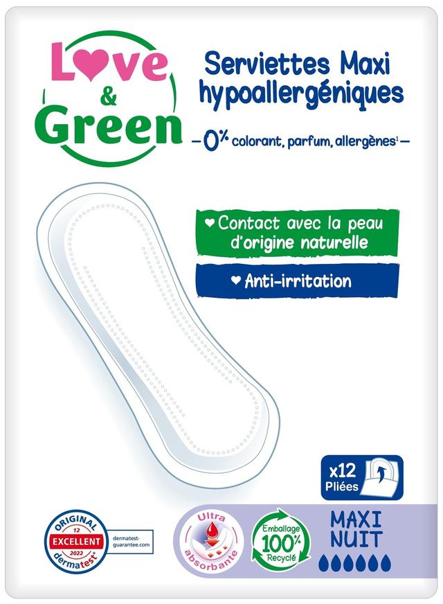 Serviettes Maxi nuit hypoallergéniques pliées x12