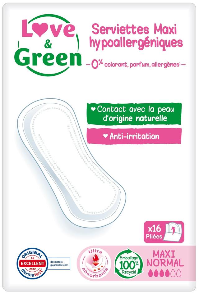 Serviettes hypoallergéniques maxi normal x16, sans ailettes