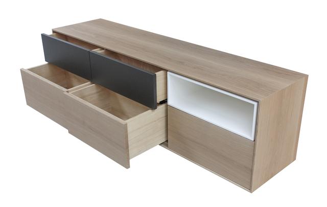 Buffet TV chêne massif et laqué 5 tiroirs 1 niche - 210L x 44P