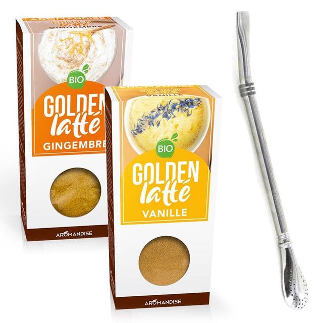 2 golden Latte gingembre & vanille + paille inox avec filtre