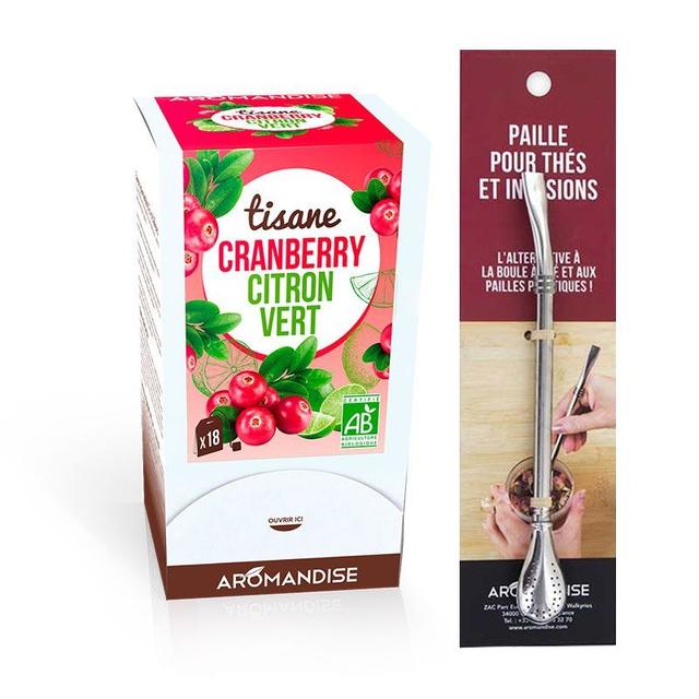 Tisane cranberry et citron vert biologique 18 sachets + paille