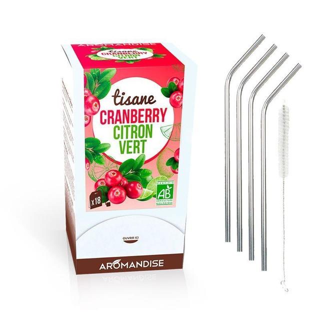 Tisane cranberry et citron vert bio 18 sachets + 4 pailles inox