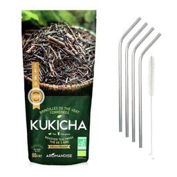 Sachet de thé bio japonais Kukicha 80 g + 4 pailles inox