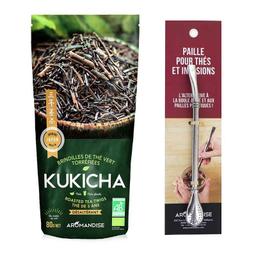 Sachet de thé bio japonais Kukicha 80 g + paille inox avec