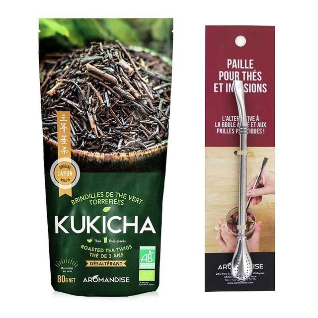 Sachet de thé bio japonais Kukicha 80 g + paille inox avec