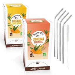 2 tisanes bio Curcuma-Gingembre-Rooibos 40 sachets + 4 pailles