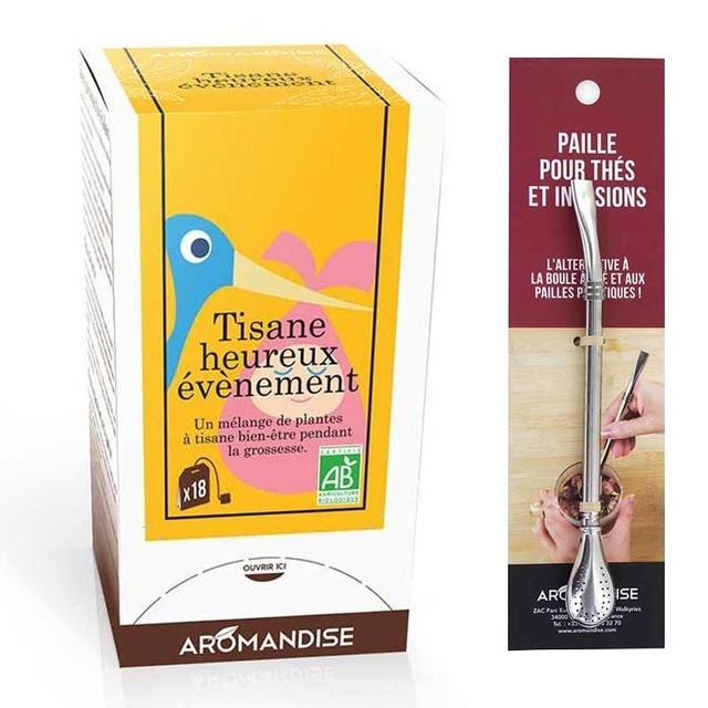 Tisane Heureux Evènement Grossesse + paille inox avec filtre