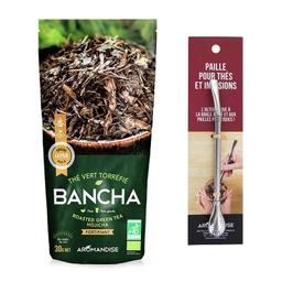 Thé vert bio japonais Bancha Hojicha 30 g + paille inox avec