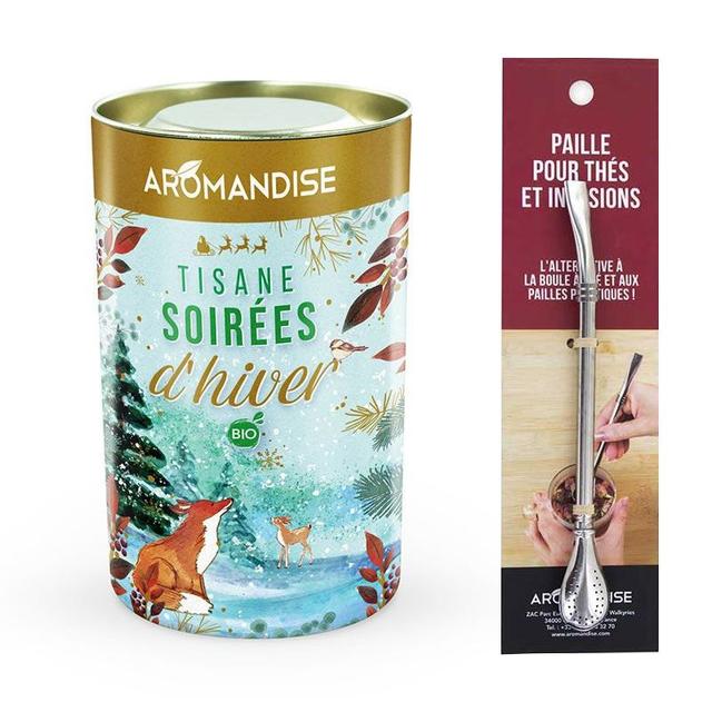 Tisane bio Soirées d'Hiver + paille inox avec filtre