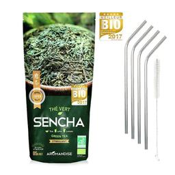 Thé vert Bio Sencha japonais + 4 pailles en inox