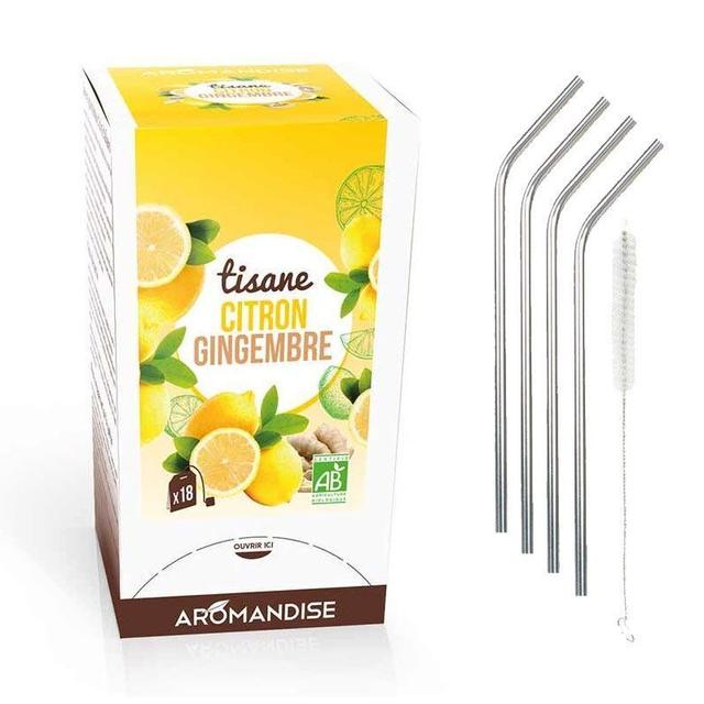 Tisane gingembre et citron bio 20 sachets + 4 pailles inox