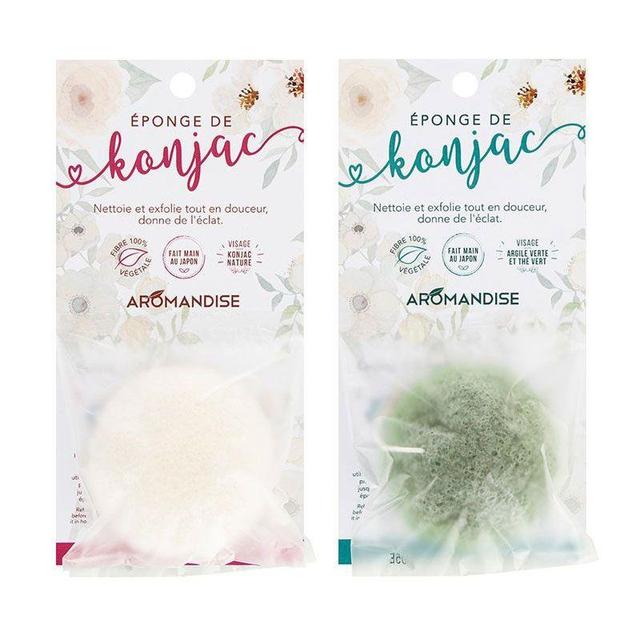 Duo d'éponges Konjac Nature et Konjac à l'argile verte et au thé