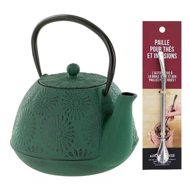 Théière en fonte Hanami vert émeraude 1,2 L + paille inox avec