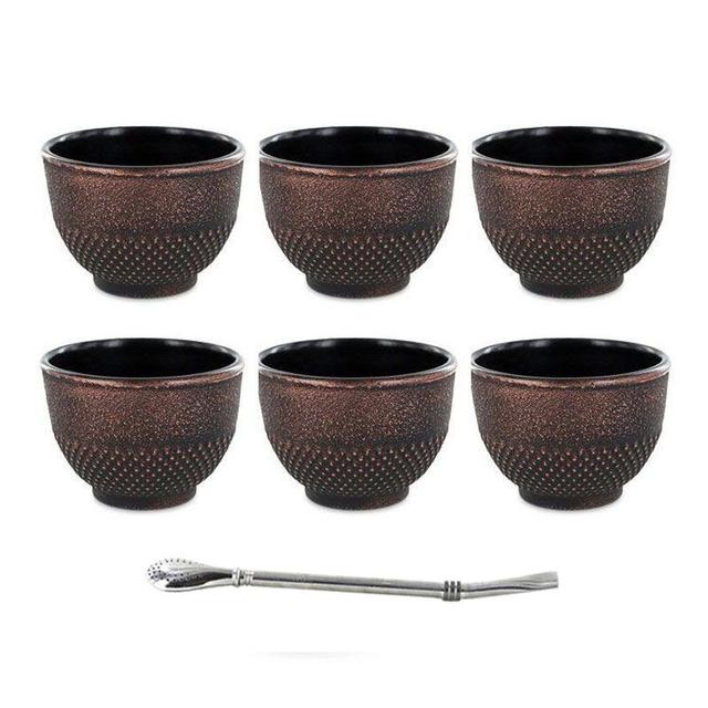 6 tasses en fonte noires & bronze 15 cl + paille inox avec