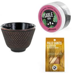 Porte-encens coupelle Noir et Doré + Sable noir + Bâtonnets Palo