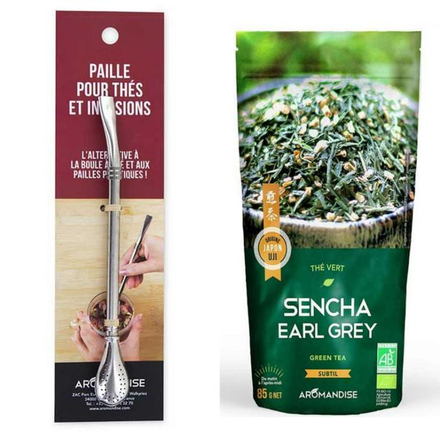 Thé Vert Bio Japonais Sencha Earl Grey 85 G + paille en inox