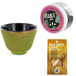 Porte-encens coupelle Vert et Doré + Sable noir + Bâtonnets Palo