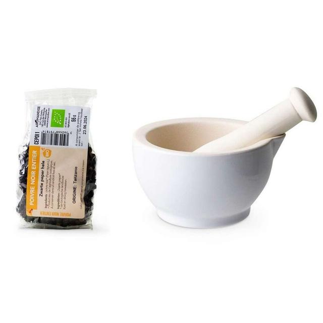 Mortier et pilon en grès blanc + Poivre noir bio entier - 55 g