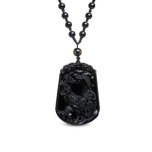 Collier et pendentif "Coq" en Obsidienne Noire