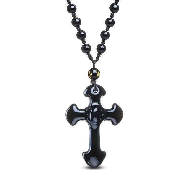 Collier Crucifix en Obsidienne