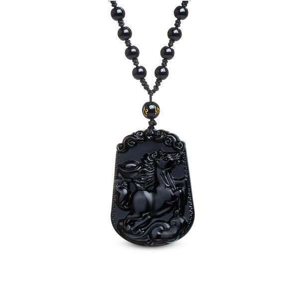 Collier et pendentif "Cheval" en Obsidienne Noire