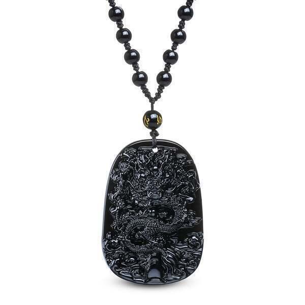 Collier et pendentif 'Dragon" en Obsidienne Noire