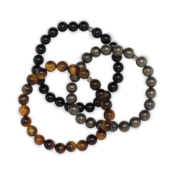 Set de 3 Bracelets 8mm en Obsidienne, Œil de Tigre, Pyrite