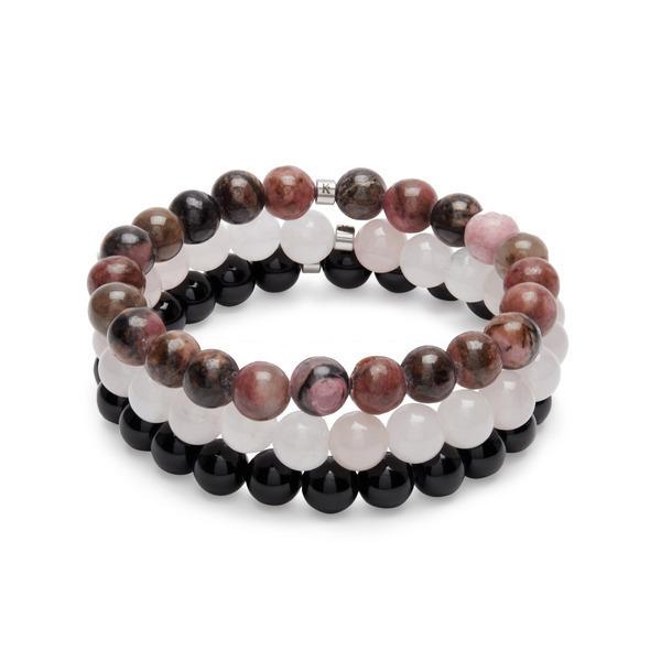 Set de 3 Bracelets 8mm Quartz Rose, Rhodonite et Onyx