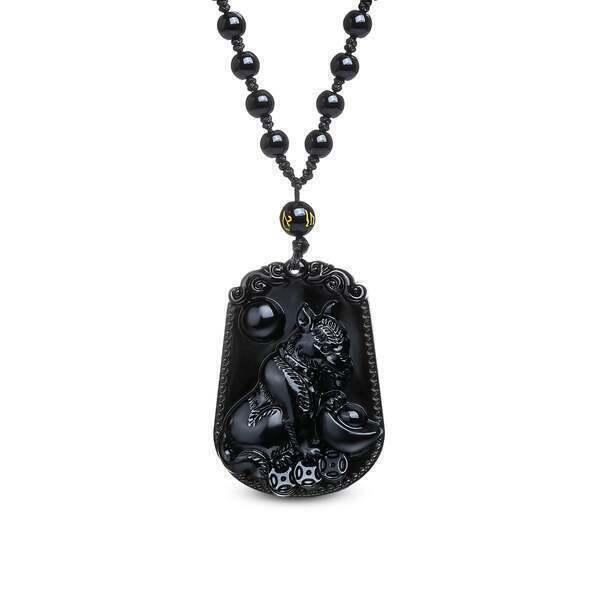 Collier et pendentif "Chien" en Obsidienne Noire