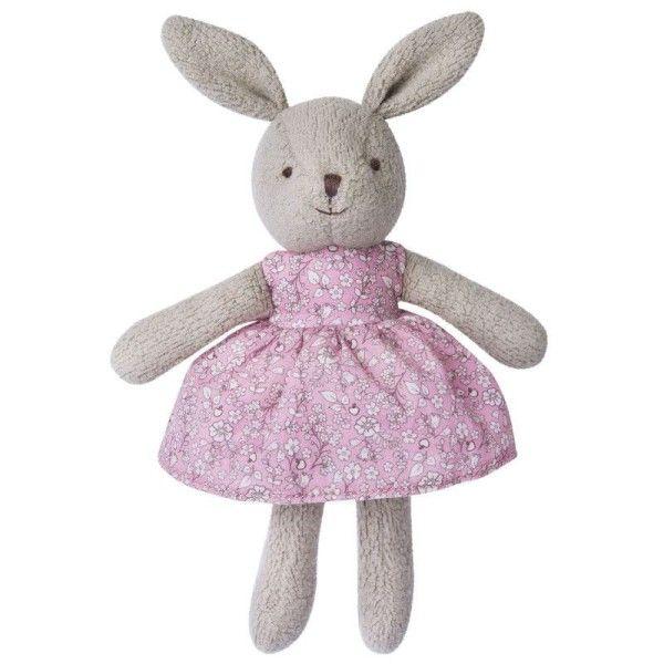 Doudou peluche coton bio lapine grise 26cm robe rose fleurie